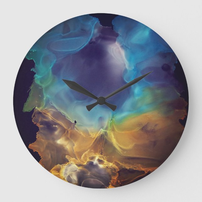 Space Nebula blue yellow Alcohol ink art  Large Clock (Front)