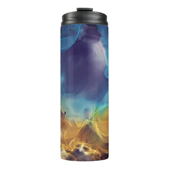 Space Nebula blue yellow Alcohol ink art Thermal Tumbler (Front)