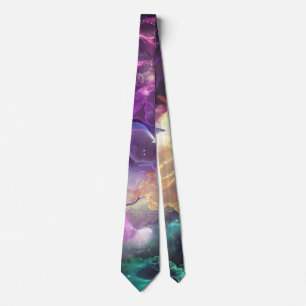 Space Nebula pink, gold green stars Alcohol ink  Tie