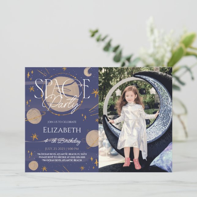 Space Night Sky Galaxy Birthday Photo Invitation (Standing Front)
