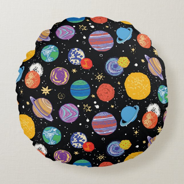 Space Odyssey: Planetary Pattern Round Cushion (Front)