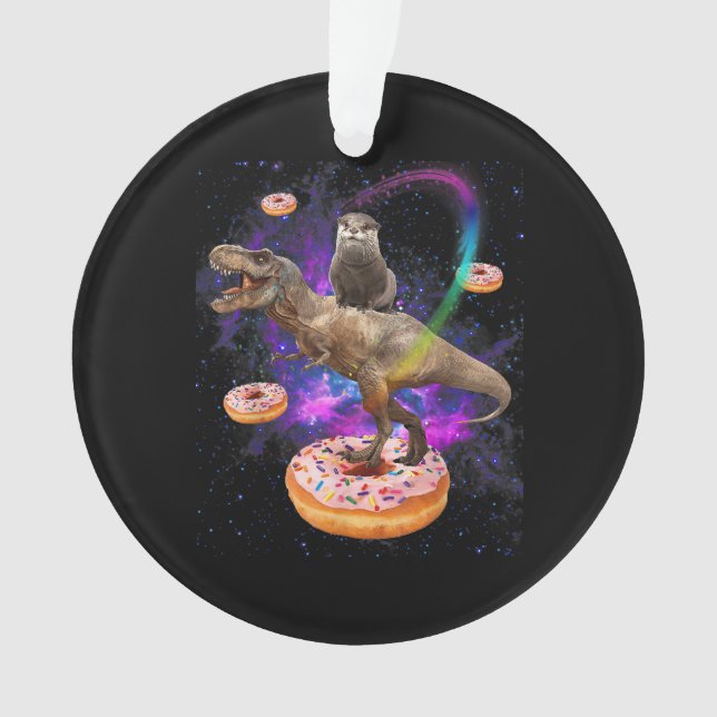 Space Otter Riding Dinosaur T-Rex Doughnuts Ornament (Front)
