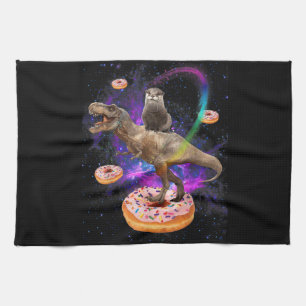 Space Otter Riding Dinosaur T-Rex Doughnuts Tea Towel