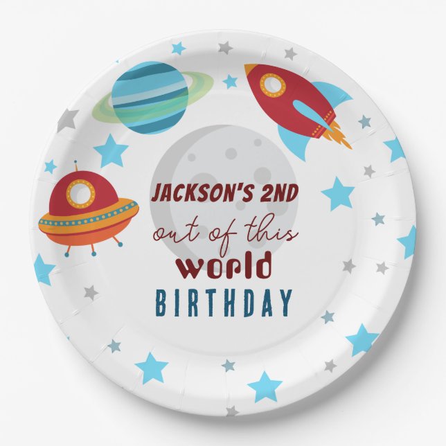 Space Out of this world 2nd Birthday  Paper Plate (Front)