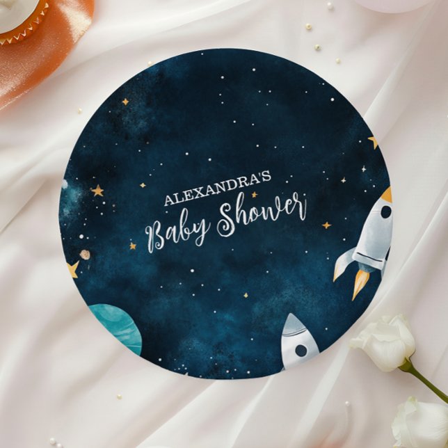  Space Outer Baby Shower Navy Paper Plate (Creator Uploaded)