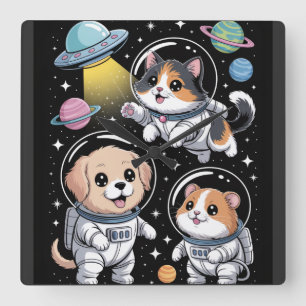 Space Pals – Cute Astronaut Animals Exploring  Square Wall Clock