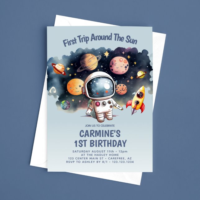 Space Party First Trip Around Sun 1st Birthday Invitation (Creator Uploaded)