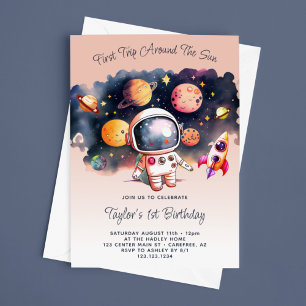Space Party First Trip Around the Sun Peach Invitation