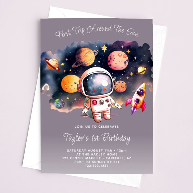Space Party First Trip Around the Sun Purple Invitation (Creator Uploaded)