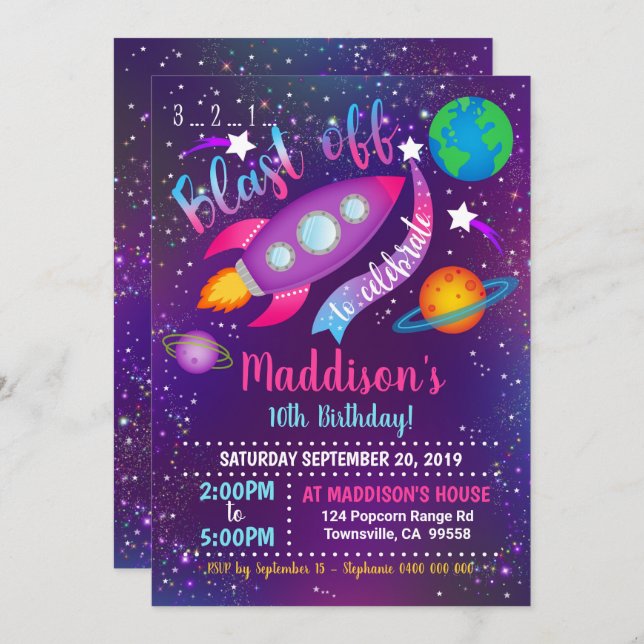 Space Party Invitation Girl (Front/Back)