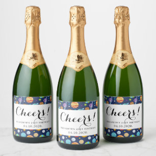 Space Pattern, Planets, Stars, Cosmos, Birthday Sparkling Wine Label