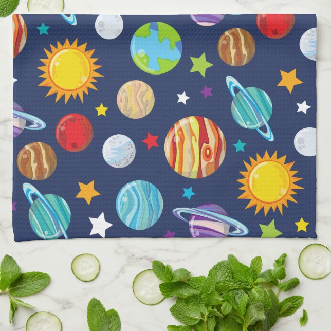 Space Pattern, Planets, Stars, Cosmos, Galaxy Tea Towel (Folded)