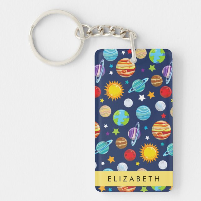 Space Pattern, Planets, Stars, Cosmos, Your Name Key Ring (Front)