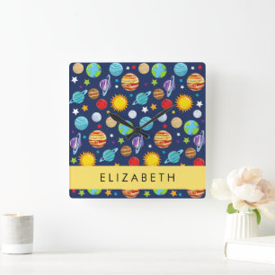 Space Pattern, Planets, Stars, Cosmos, Your Name Square Wall Clock