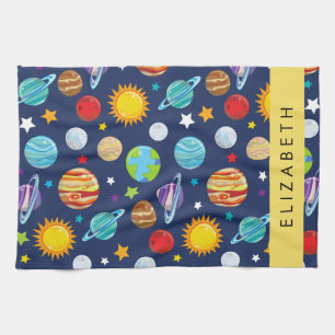 Space Pattern, Planets, Stars, Cosmos, Your Name Tea Towel