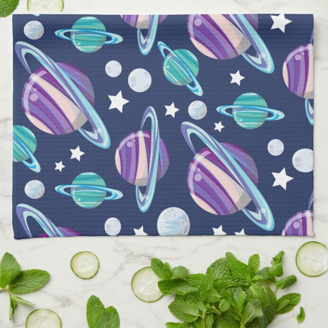Space Pattern, Planets, Stars, Galaxy, Cosmos Tea Towel (Folded)