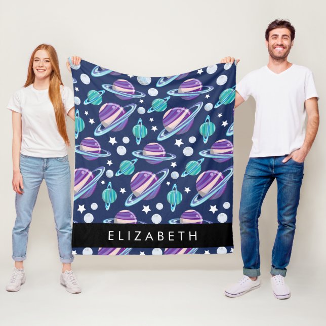 Space Pattern, Planets, Stars, Galaxy, Your Name Fleece Blanket (In Situ)