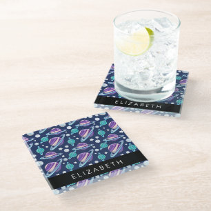 Space Pattern, Planets, Stars, Galaxy, Your Name Glass Coaster