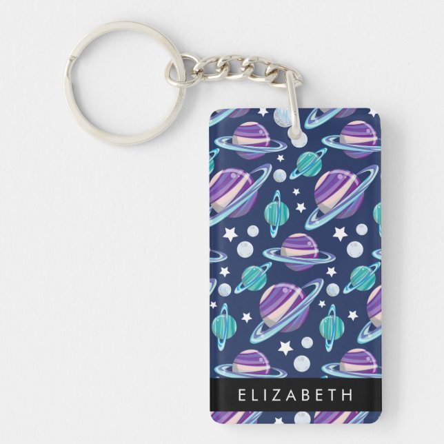 Space Pattern, Planets, Stars, Galaxy, Your Name Key Ring (Front)