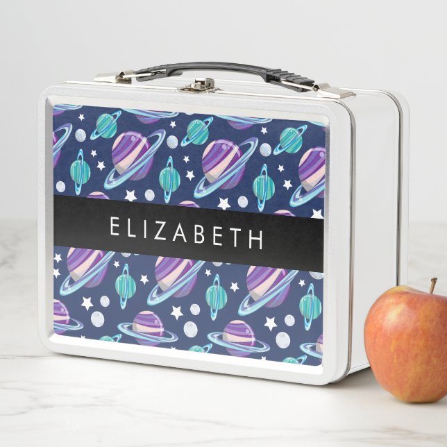 Space Pattern, Planets, Stars, Galaxy, Your Name Metal Lunch Box (In Situ)