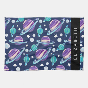 Space Pattern, Planets, Stars, Galaxy, Your Name Tea Towel