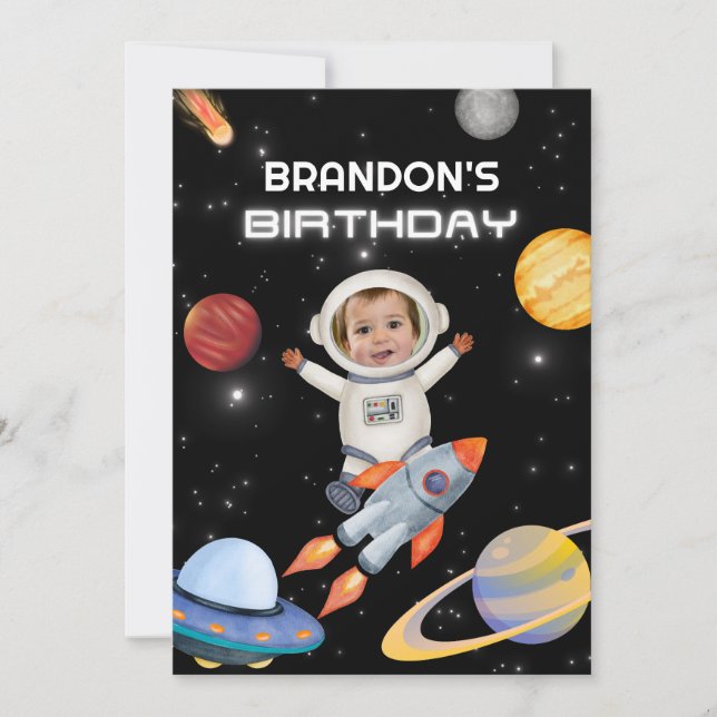 Space planet astronaut photo birthday invitation (Front)