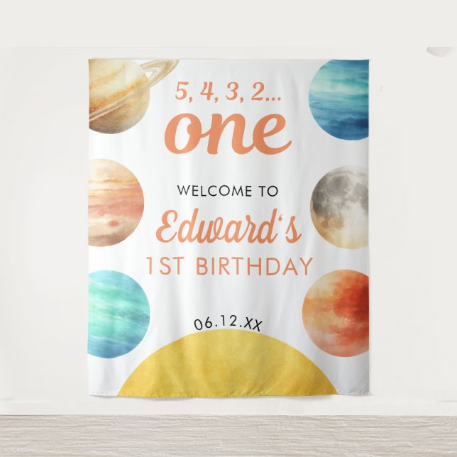 Space Planets 1st Birthday Photo Backdrop Tapestry (Front)