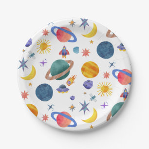 Space Planets Astronaut Moon Stars Birthday Paper Plate