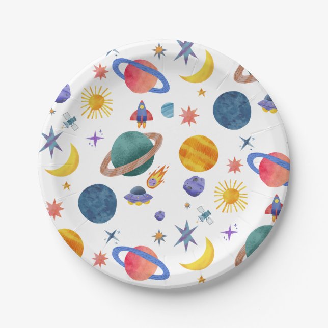 Space Planets Astronaut Moon Stars Birthday Paper Plate (Front)