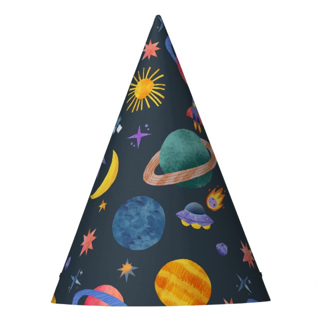 Space Planets Astronaut Moon Stars Birthday Party Hat (Front)