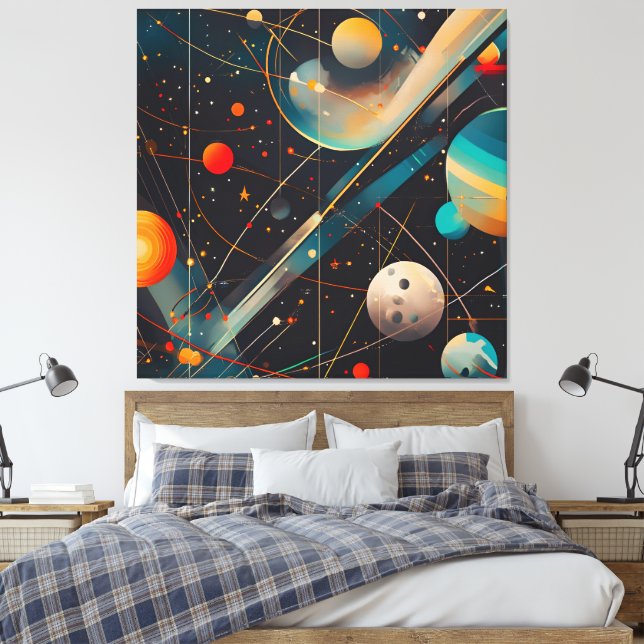 Space Planets & Orbits – Retro Futuristic Canvas Print (Insitu(Bedroom))