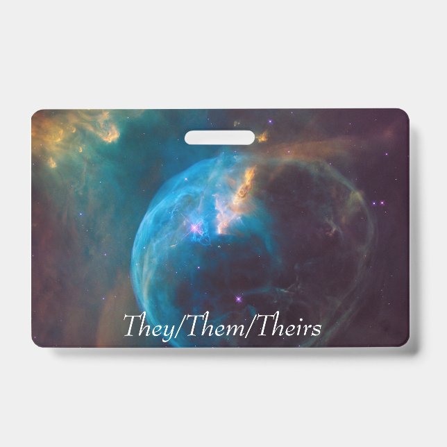 Space pronoun card (They/them/theirs) ID Badge (Front)