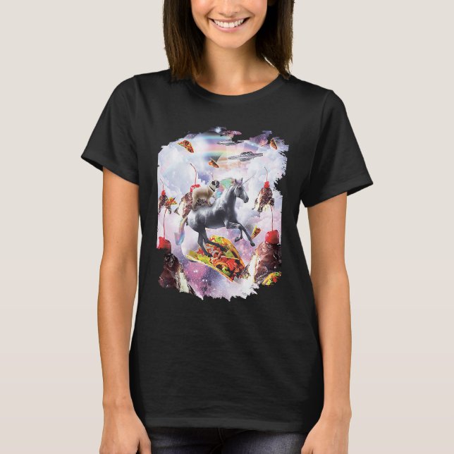 Space Pug Riding Unicorn  Ice Cream & Taco T-Shirt (Front)