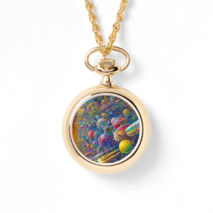 Space Race gold necklace watch w numbers