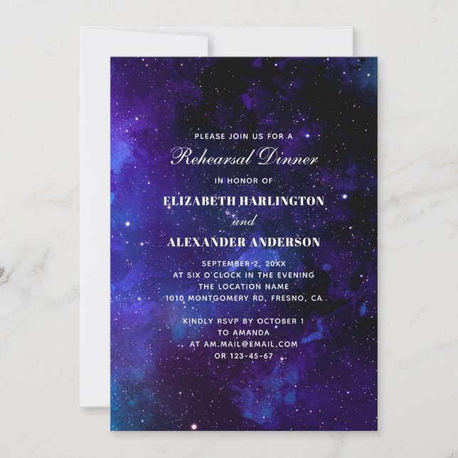 Space rehearsal dinner. Night stars. Modern navy Invitation (Front)
