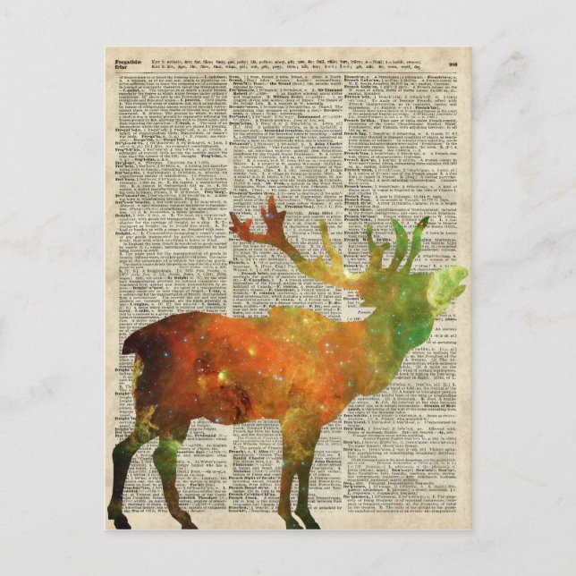 Space Reindeer Over An Old Dictionary Page Postcard (Front)