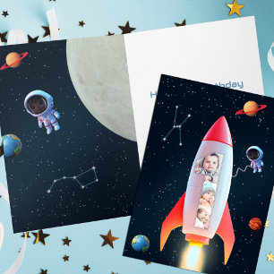 Space Rocket 1st Birthday   Huge One Photo Collage Card