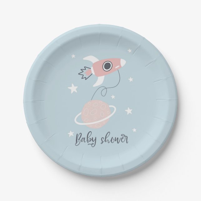 Space Rocket and Jupiter Baby Shower Paper Plate (Front)
