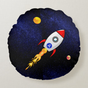 Space rocket and monogram on galaxy round cushion