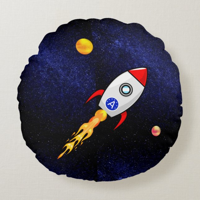 Space rocket and monogram on galaxy round cushion (Front)