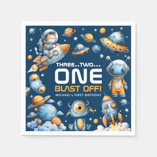 Space Rocket Astronaut Cat Blast Off 1st Birthday Napkin (Front)