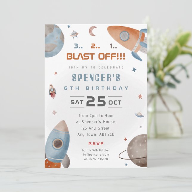 Space Rocket Birthday Party Invite 3 2 1 Blast Off (Standing Front)