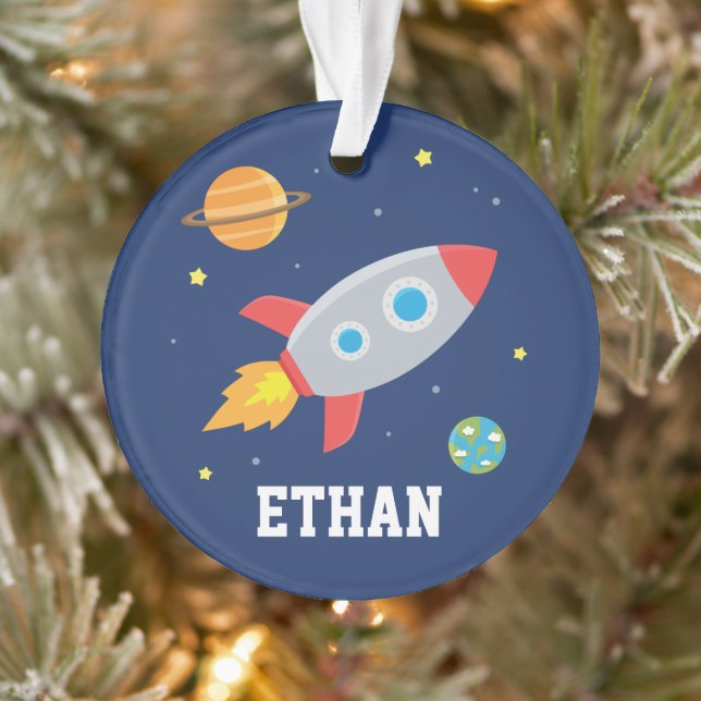 Space Rocket Blast Off, Kids Personalised Ornament (Tree)