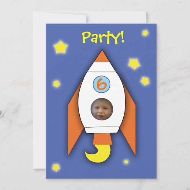 space rocket boy photo party invitation (Front)