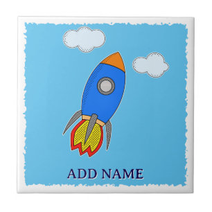 Space Rocket Drawing In Blue Sky Ceramic Tile