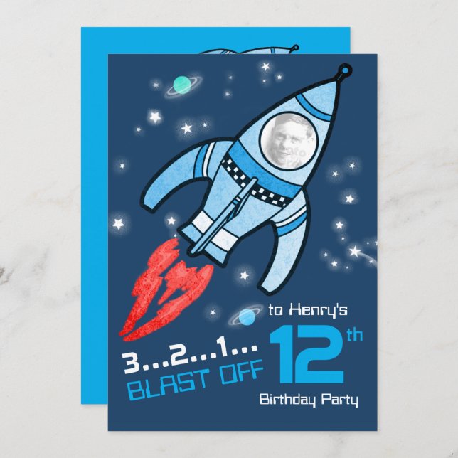 Space rocket kids 12th birthday blue invitation (Front/Back)