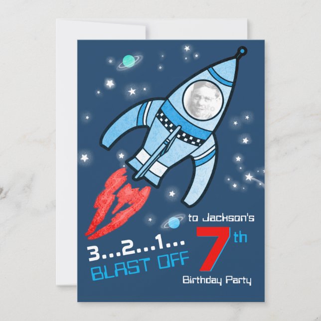 space rocket kids 7th birthday blue red invitation (Front)