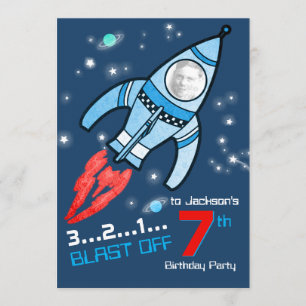 space rocket kids 7th birthday blue red invitation