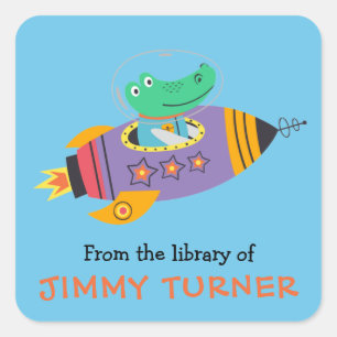 Space Rocket Library Bookplate Square Sticker