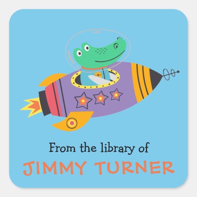 Space Rocket Library Bookplate Square Sticker (Front)
